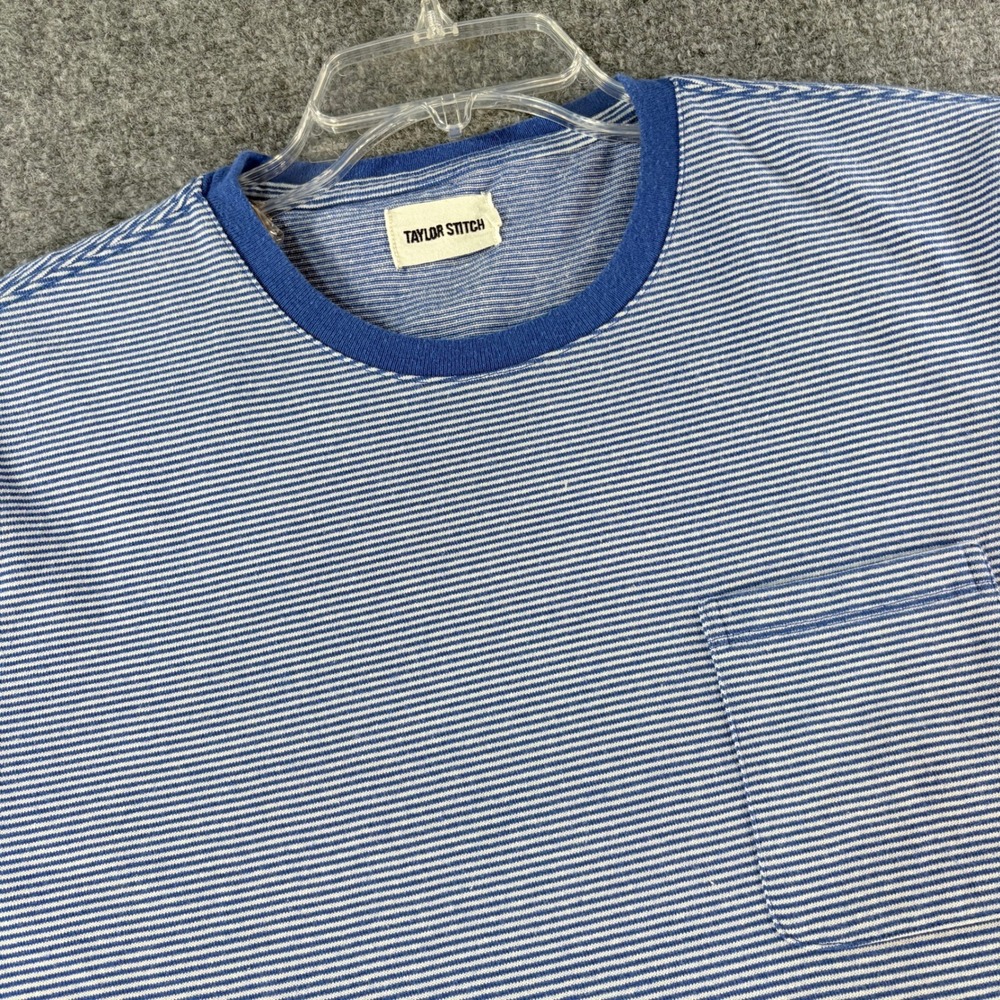 Taylor Stitch Heavy Bag Tee Mens 44 XL Blue White Stripe Pocket T-Shirt Cotton